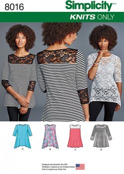 Simplicity Sewing Pattern 8016 - Misses' Knit Tops With Lace Variations