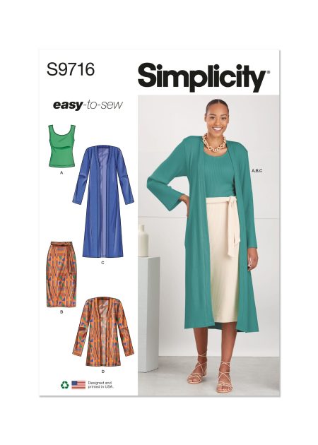 Simplicity Sewing Pattern - 9716 - Misses' Co-Ordinate Knit Top, Cardigan And Skirt - Size P5 (12-14-16-18-20)